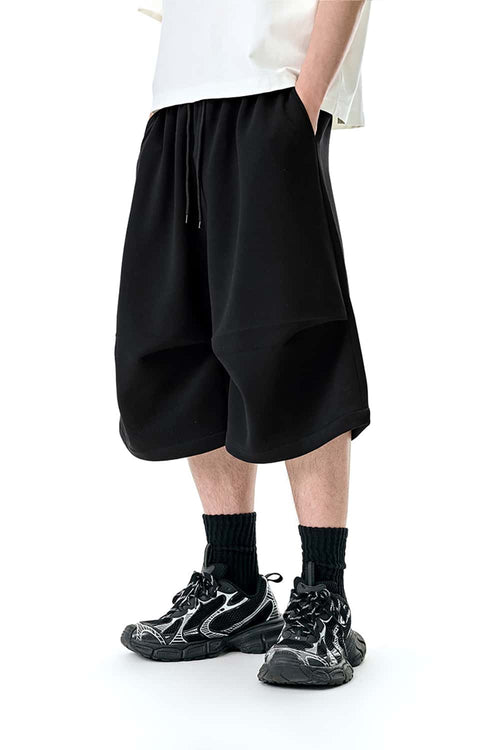 Wide-Leg Cropped Sweat Shorts - Black