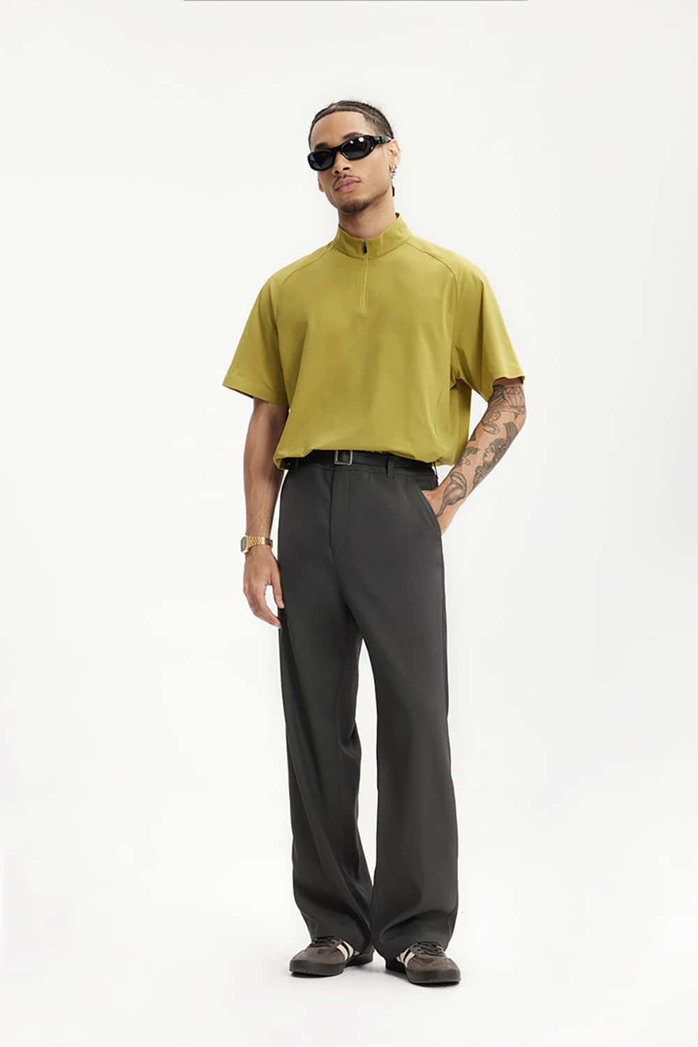 High-Waisted Draped Casual Trousers with Pockets - Elegant Streetwear