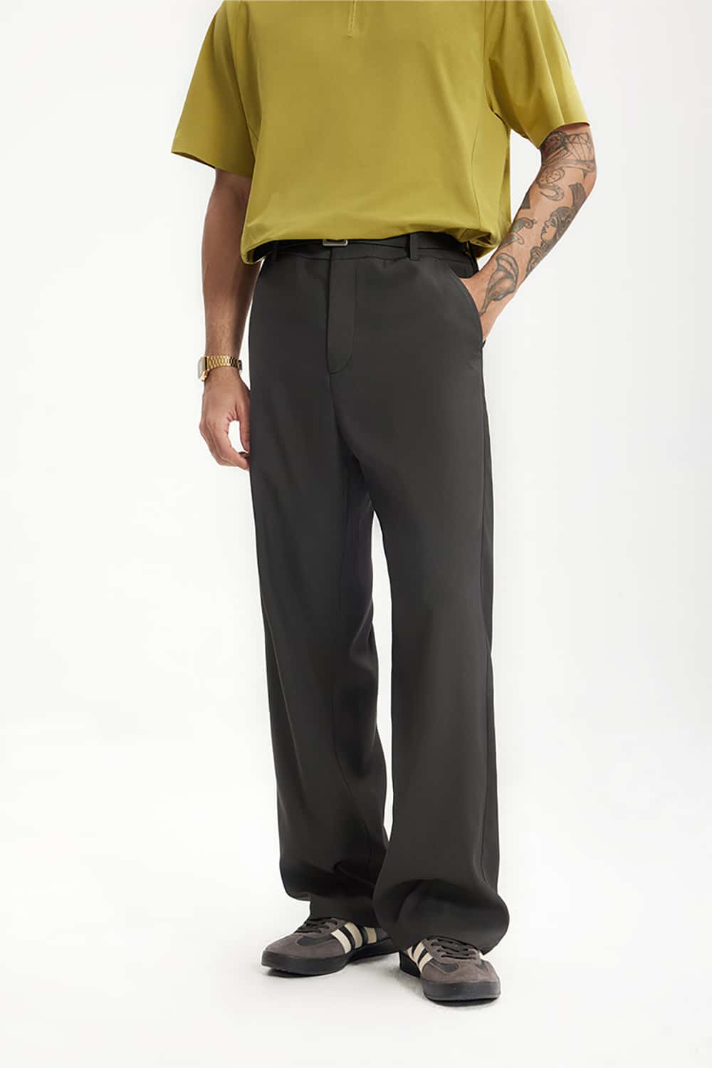 High-Waisted Draped Casual Trousers with Pockets - Elegant Streetwear