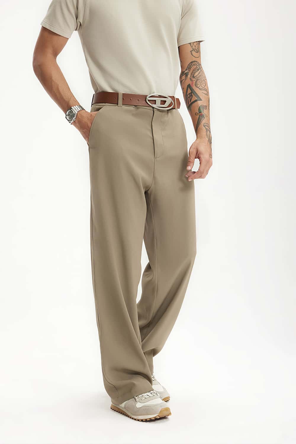 High-Waisted Draped Casual Trousers with Pockets - Elegant Streetwear