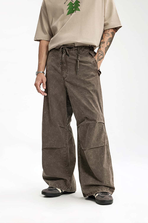 Washed Flap-Pocket Parachute Pants - Gray Brown