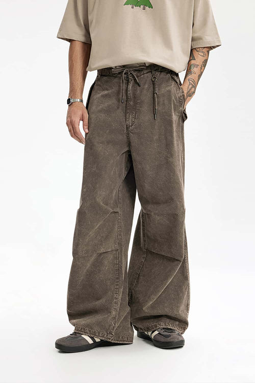Washed Flap-Pocket Parachute Pants - Gray Brown