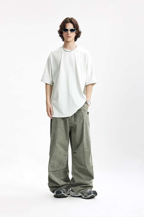 Washed Flap-Pocket Parachute Pants - Grayish Green
