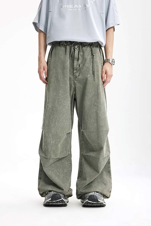 Washed Flap-Pocket Parachute Pants - Grayish Green