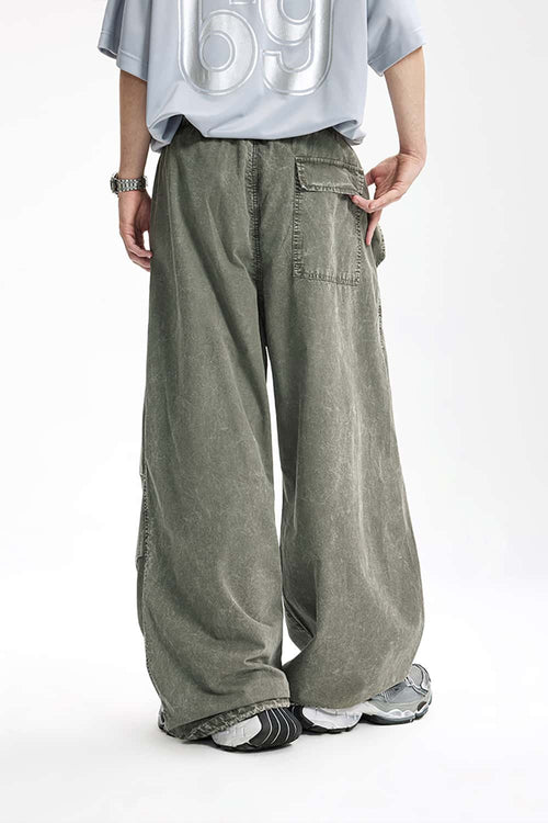 Washed Flap-Pocket Parachute Pants - Grayish Green