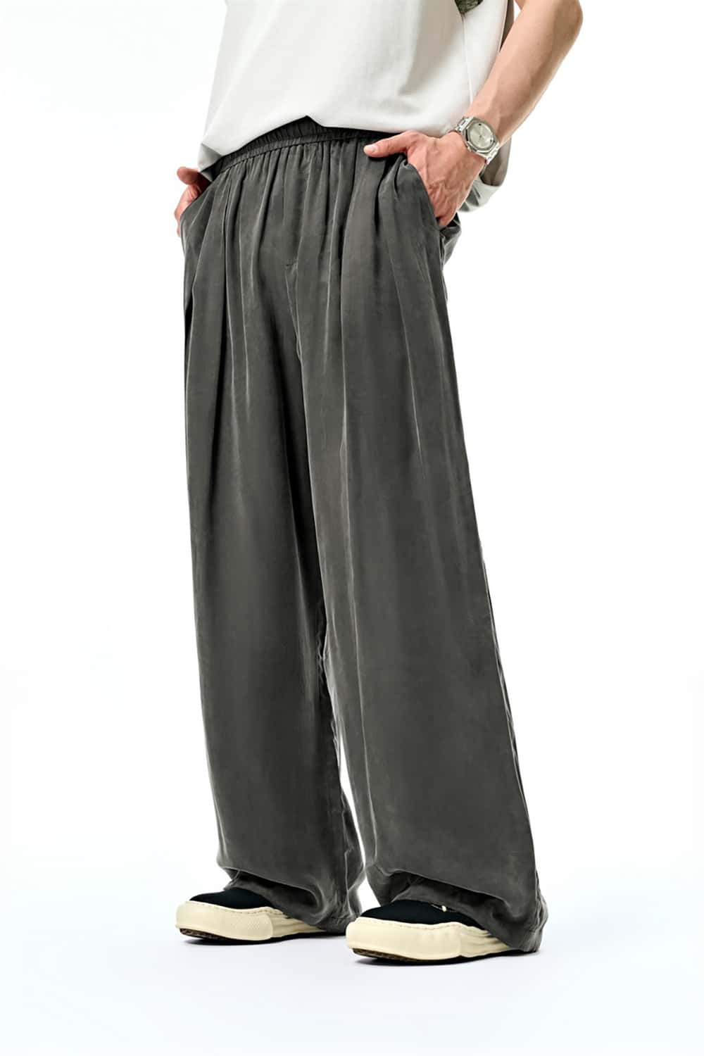 Luxurious Copper Ammonia Silk Wide-Leg Pants with Draped Texture