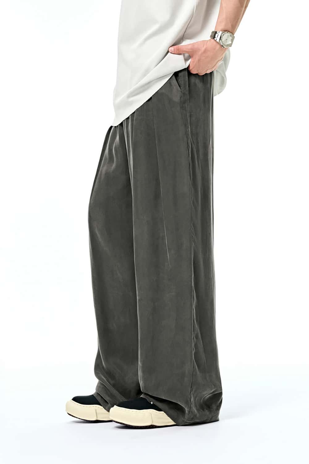 Luxurious Copper Ammonia Silk Wide-Leg Pants with Draped Texture