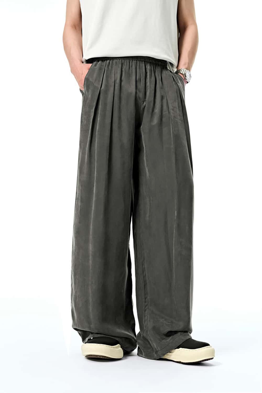 Luxurious Copper Ammonia Silk Wide-Leg Pants with Draped Texture