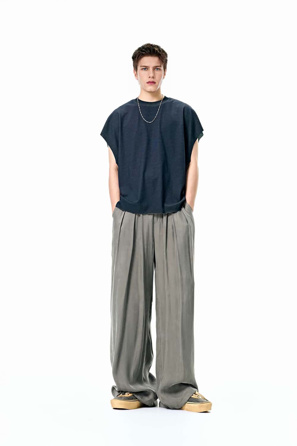 Luxurious Copper Ammonia Silk Wide-Leg Pants with Draped Texture