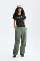 Graphic Color-Block Raglan-Sleeve Sporty T-Shirt in Black - full-length front modeled view