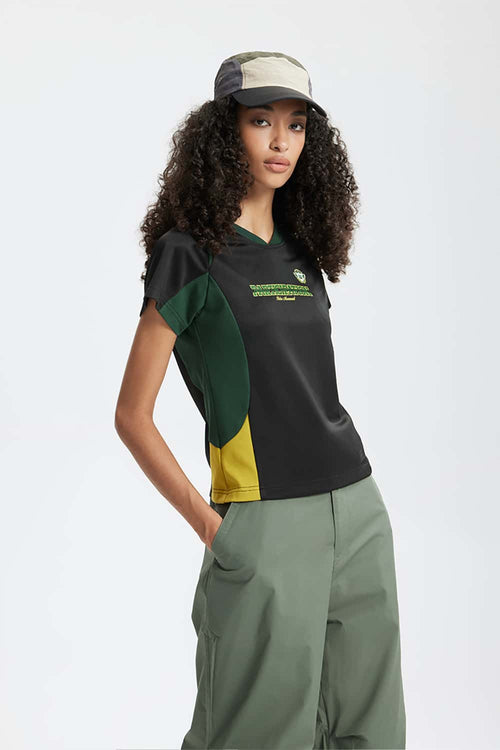 Graphic Color-Block Raglan-Sleeve Sporty T-Shirt in Black - front modeled close-up