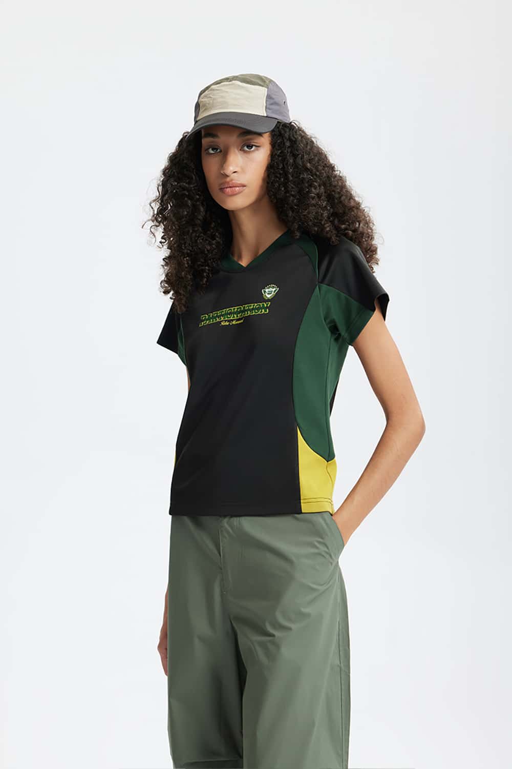 Graphic Color-Block Raglan-Sleeve Sporty T-Shirt in Black - front modeled close-up