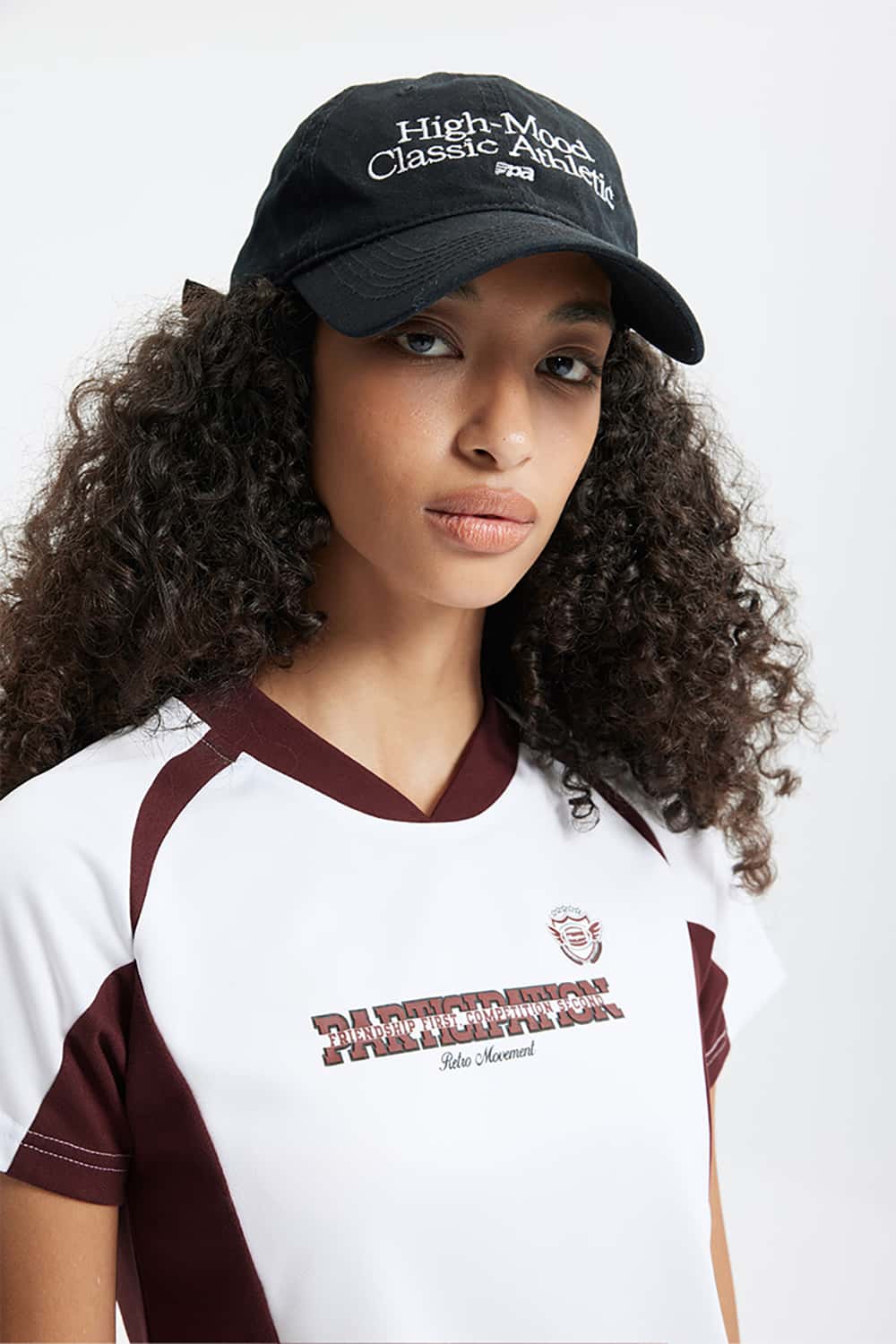 Graphic Color-Block Raglan-Sleeve Sporty T-Shirt in White - collar detail