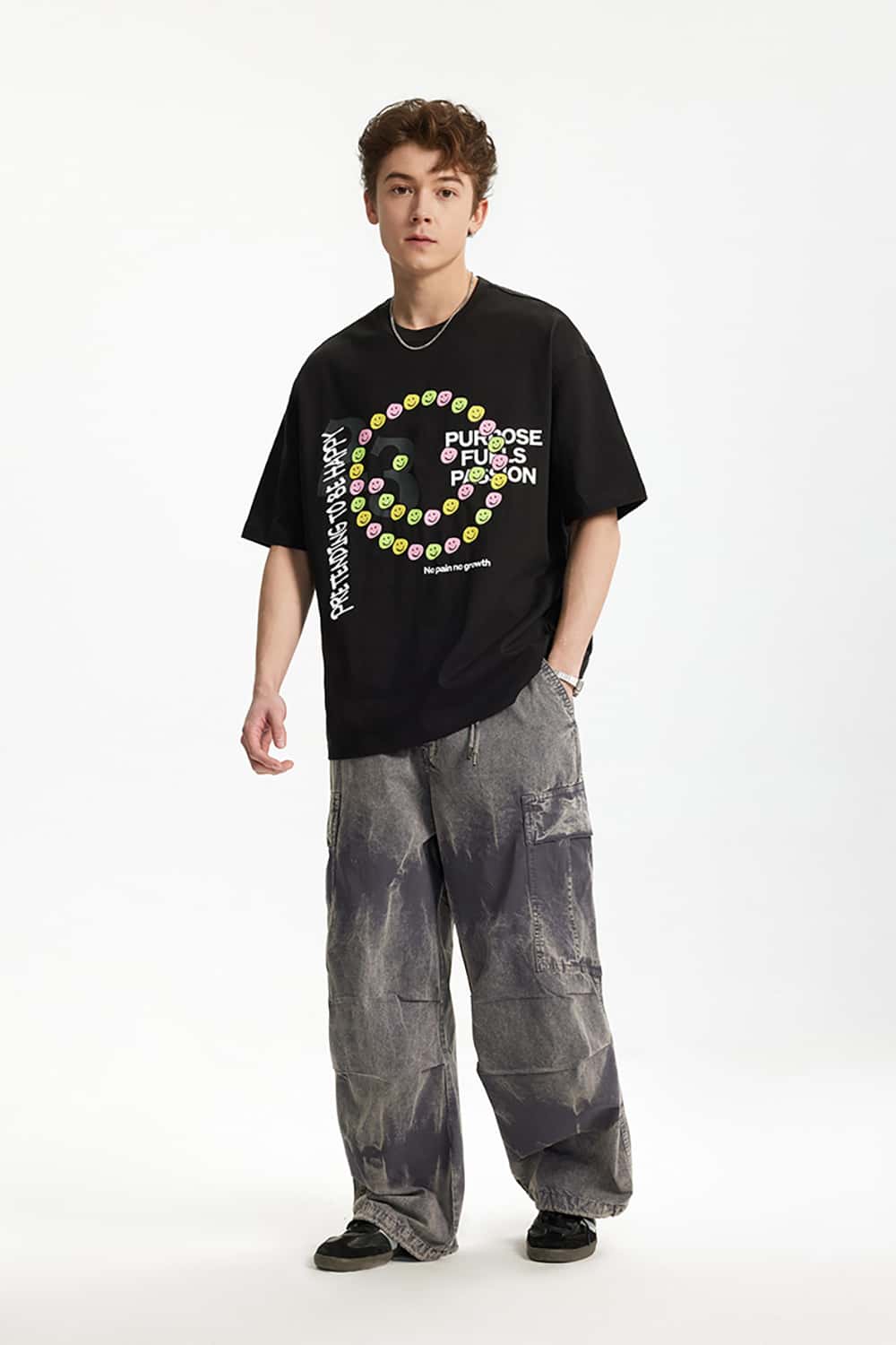 Smiley Face Cracked Print T-Shirt - Loose Fit Personalized Short Sleeve