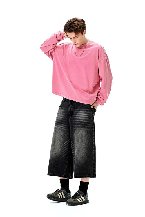 Vintage Distressed Straight-Leg Cropped Denim - Black