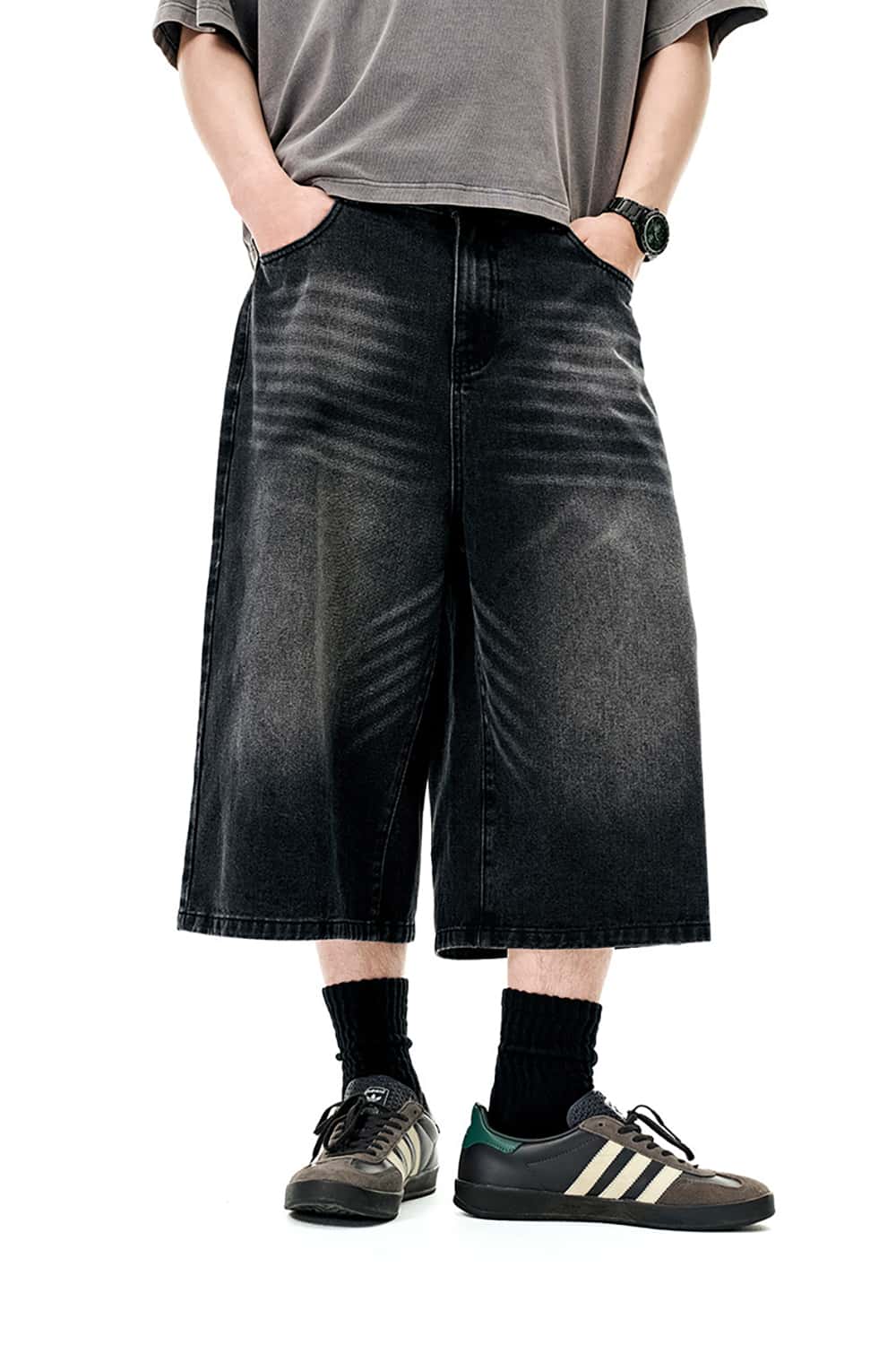 Distressed Wide-Leg Cropped Denim Shorts - Streetwear Casual Jeans