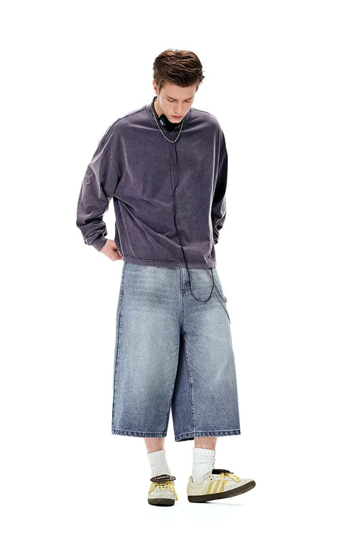 Vintage Distressed Straight-Leg Cropped Denim - Blue