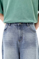 Vintage Distressed Straight-Leg Cropped Denim - Blue
