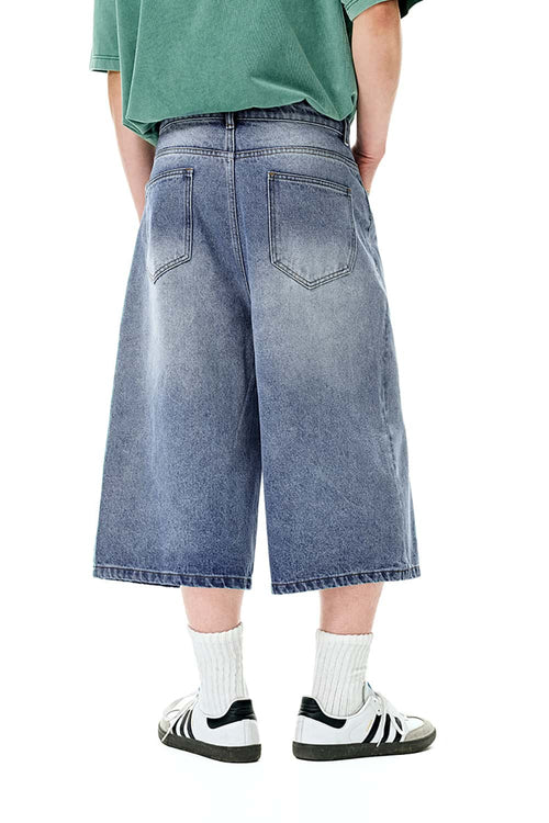 Vintage Distressed Straight-Leg Cropped Denim - Blue