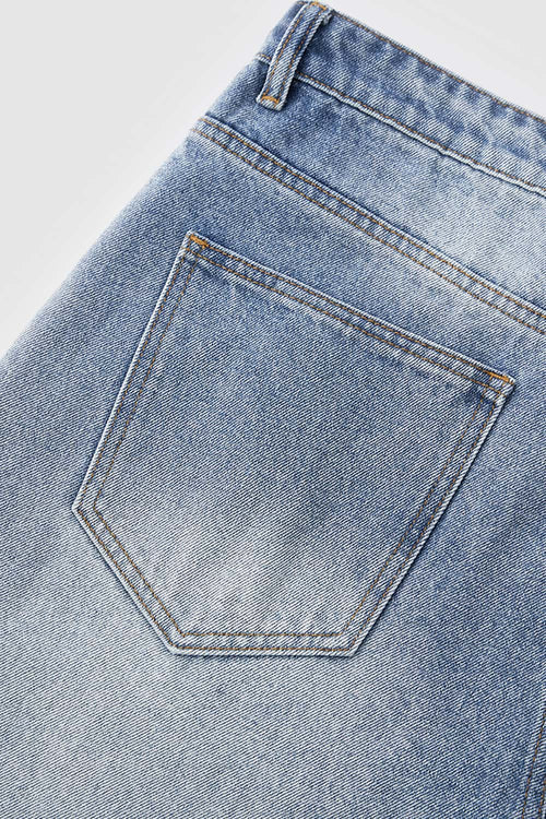 Vintage Distressed Straight-Leg Cropped Denim - Blue