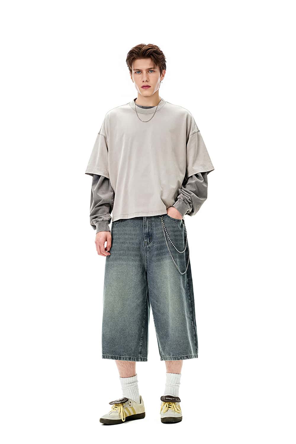 Distressed Wide-Leg Cropped Denim Shorts - Streetwear Casual Jeans