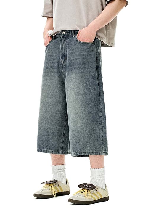 Vintage Distressed Straight-Leg Cropped Denim - Grayish Blue