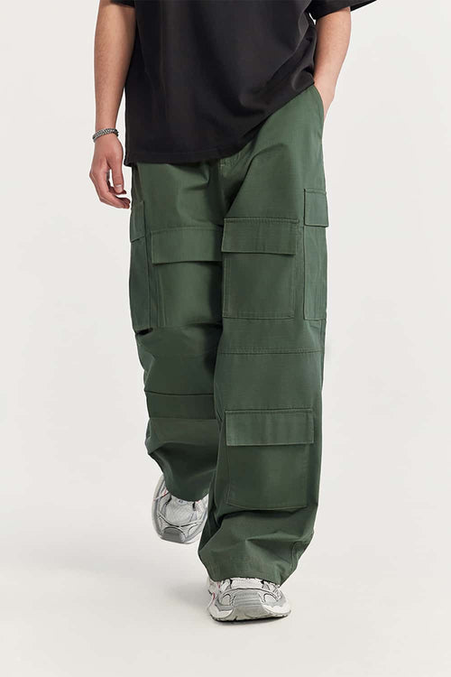 Heavy-Duty Wide Leg Cargo Pants - Green