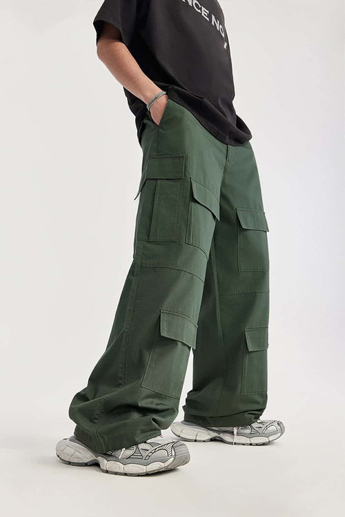 Heavy-Duty Wide Leg Cargo Pants - Green