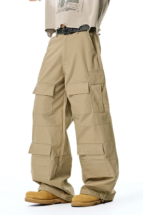 Heavy-Duty Wide Leg Cargo Pants - Khaki