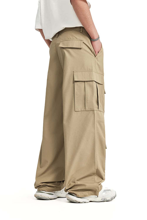 Heavy-Duty Wide Leg Cargo Pants - Khaki