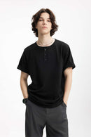 Heavyweight Linen-Blend Henley Tee - Black