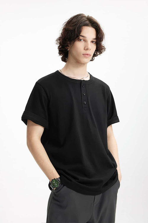 Heavyweight Linen-Blend Henley Tee - Black