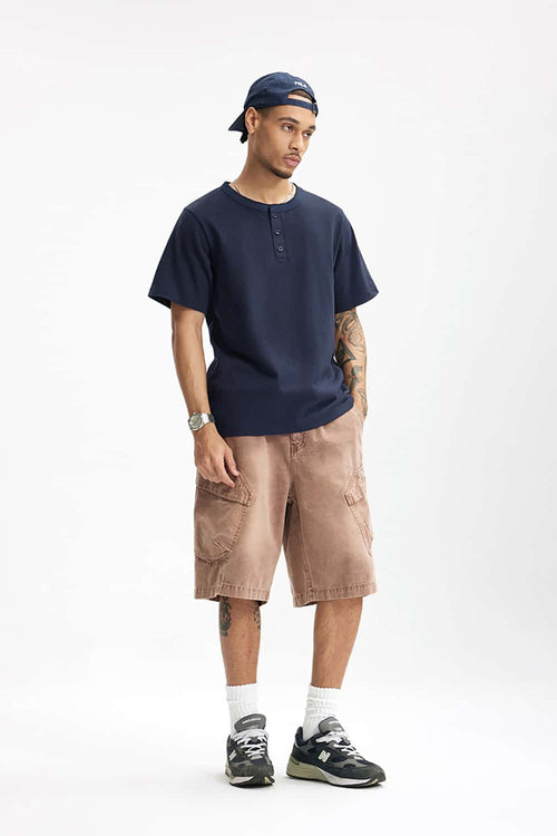 Heavyweight Linen-Blend Henley Tee - Navy Blue