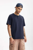 Heavyweight Linen-Blend Henley Tee - Navy Blue