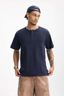 Heavyweight Linen-Blend Henley Tee - Navy Blue