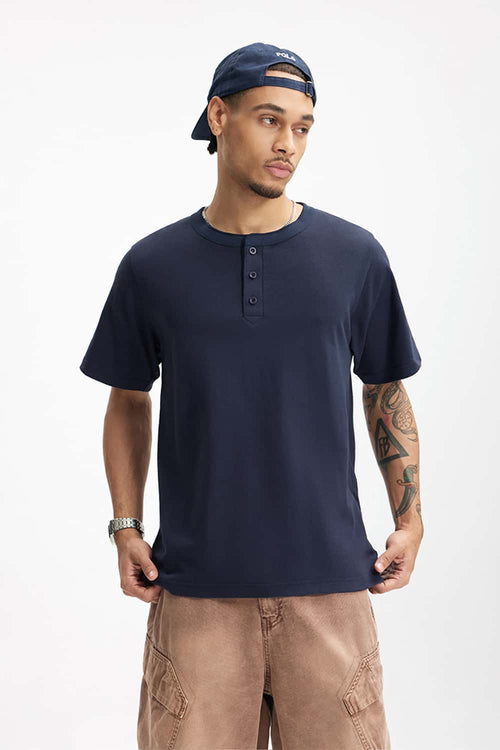 Heavyweight Linen-Blend Henley Tee - Navy Blue