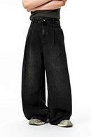 Washed Wide-Leg Denim Trousers - Black