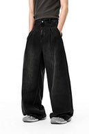 Washed Wide-Leg Denim Trousers - Black