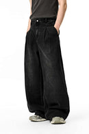 Washed Wide-Leg Denim Trousers - Black