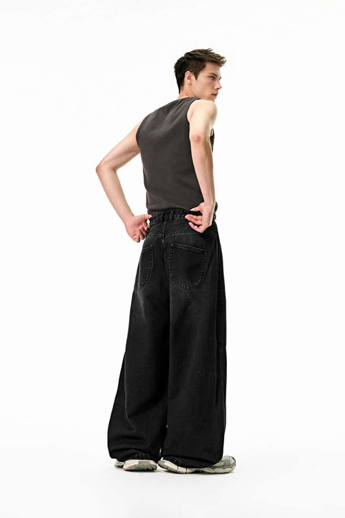 Washed Wide-Leg Denim Trousers - Black