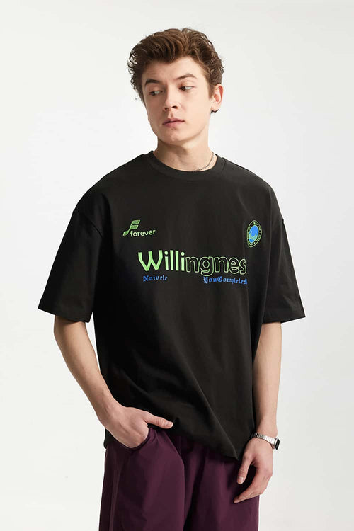 Boxy Letter-Graphic Cotton Tee - Black