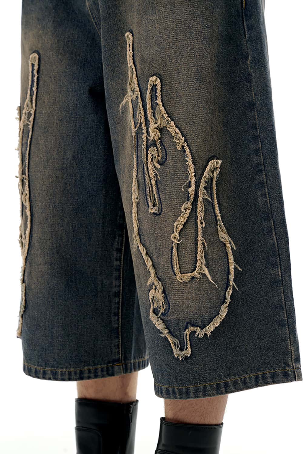 Three-Quarter Length Patchwork Washed Denim Shorts - Vintage Casual Style