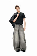Washed Denim Curved Wide-Leg Jean - Light Gray