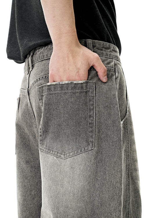 Washed Denim Curved Wide-Leg Jean - Light Gray