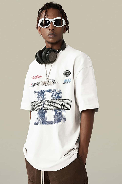 Washed Vintage Racing Graphic Tee - White