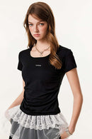 Square Neck Tailored Graphic Crop Tee - Black