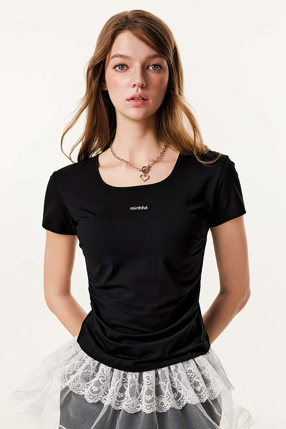 Square Neckline Fitted Waist 3D Print Short Sleeve T-Shirt with Scalloped Hem