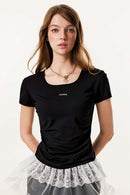 Square Neck Tailored Graphic Crop Tee - Black