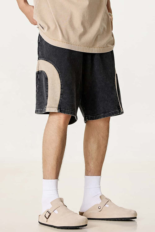 Spliced Contrast Casual Shorts - Black And Khaki