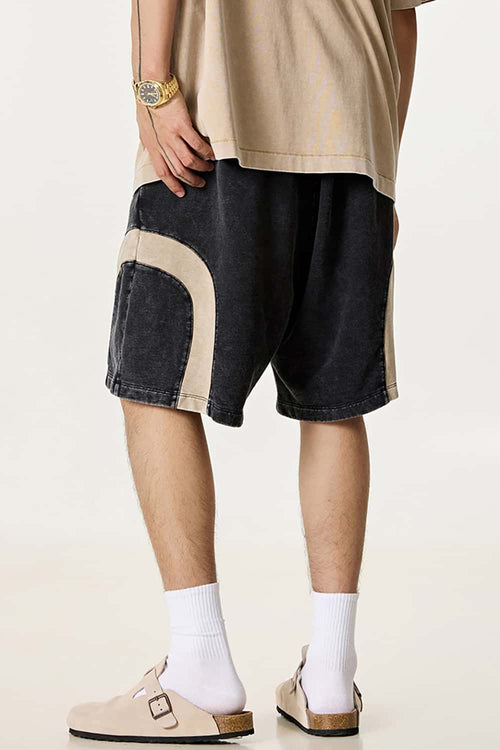 Spliced Contrast Casual Shorts - Black And Khaki